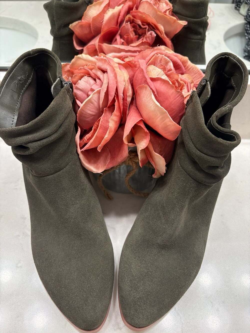 Violet & Red Olive Green Suede Slouchy Ankle Boots